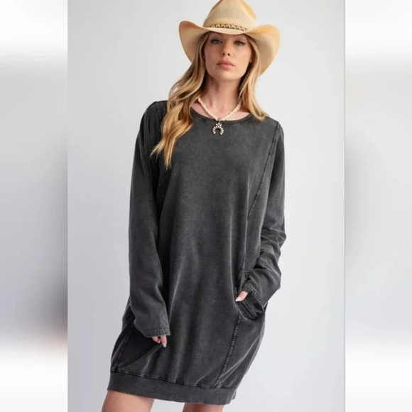 Easel Black Washed Terry Knit Long Sleeve Pullover Tunic Dress New - Picture 4 of 6